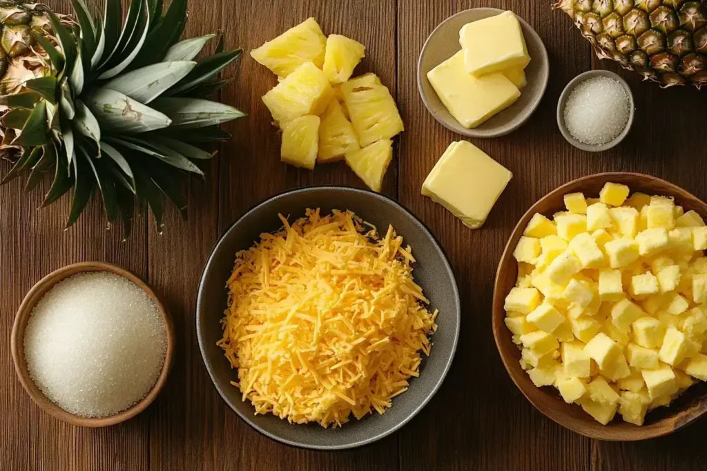 Ingredients for pineapple casserole recipe, including pineapple chunks, shredded cheese, and crackers.