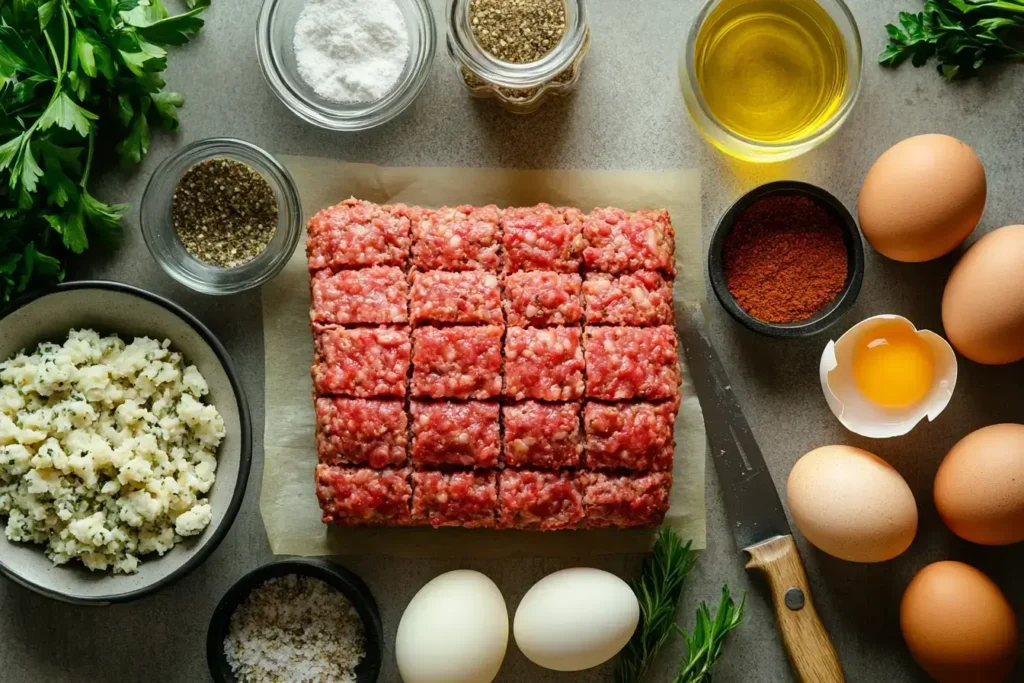 Ingredients for Stove Top Stuffing Meatloaf, including ground beef, eggs, and seasoning.