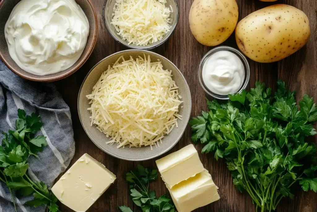 Ingredients for making classic Easter potato recipes, including potatoes, cheese, and butter.