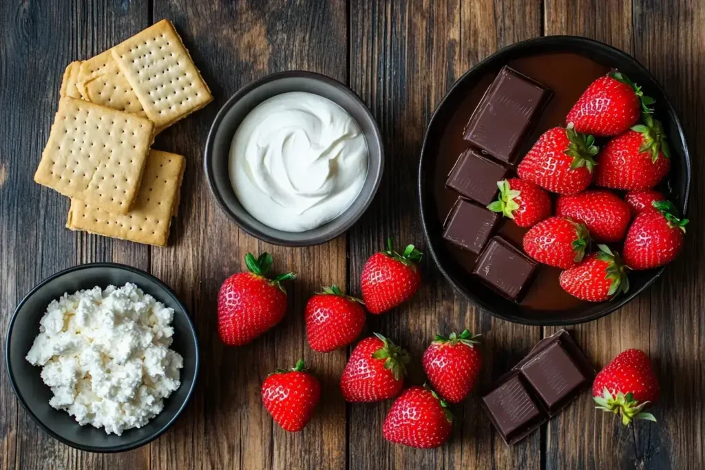 Fresh strawberries, graham crackers, cream cheese, and chocolate coating displayed together.