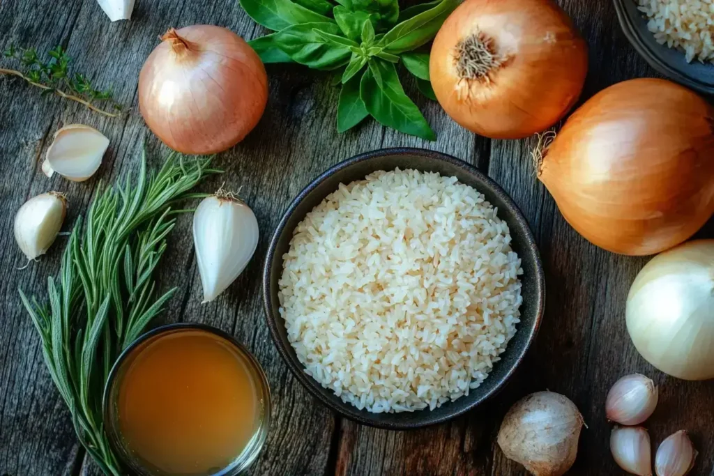 Ingredients for French Onion Soup Rice including onions, rice, broth, and herbs