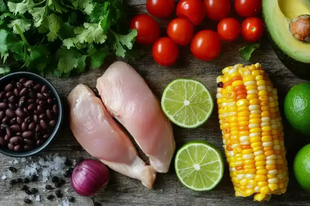 Fresh ingredients for Mexican Chicken Salad on a wooden table