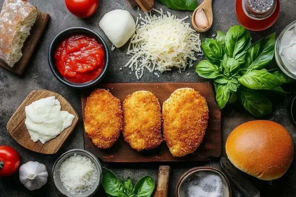 Chicken parm sandwich ingredients: breaded chicken, mozzarella, Parmesan, marinara sauce, fresh basil, and rolls.