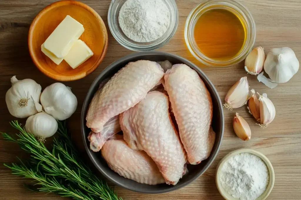 Ingredients for smothered turkey wings laid out on a table.