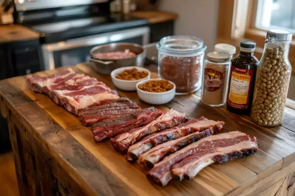 A wooden countertop with raw beef ribs, seasoning jars, BBQ sauce, and dry rubs arranged neatly for preparation.