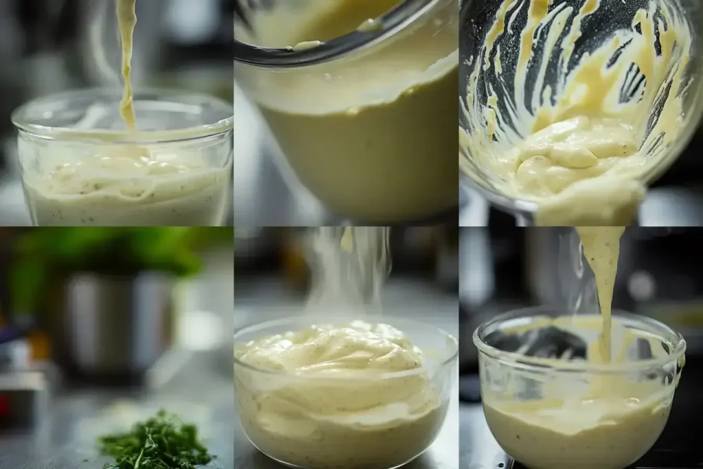 Step-by-step preparation of homemade Avocado Lime Ranch Dressing being blended and poured into a glass bowl.