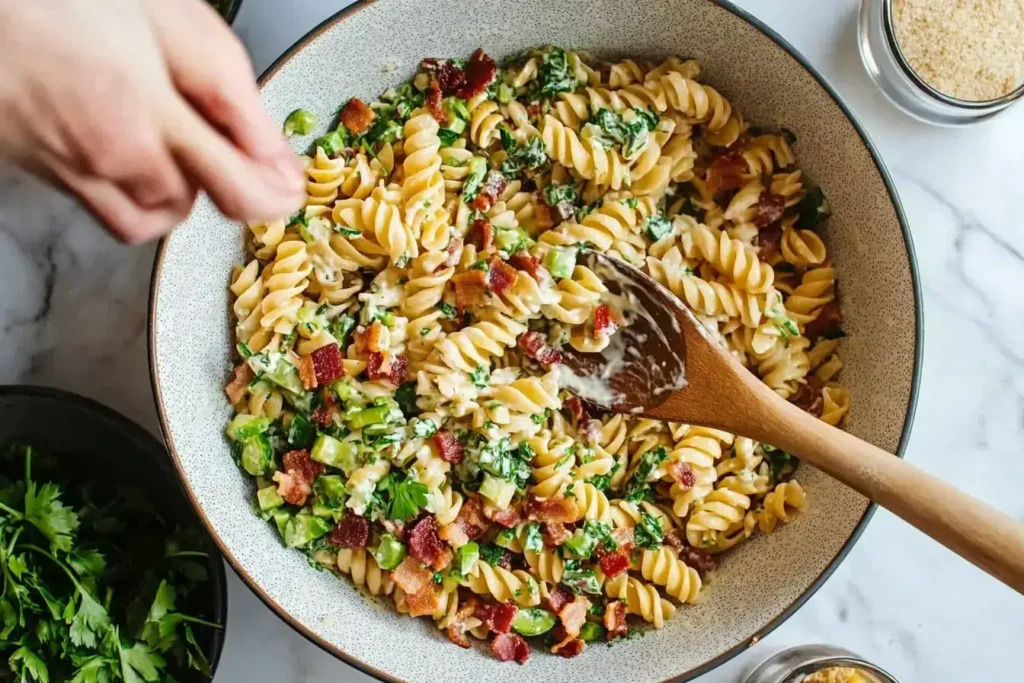 Mixing cowboy pasta salad in a bowl with bacon, pasta, and creamy dressing.