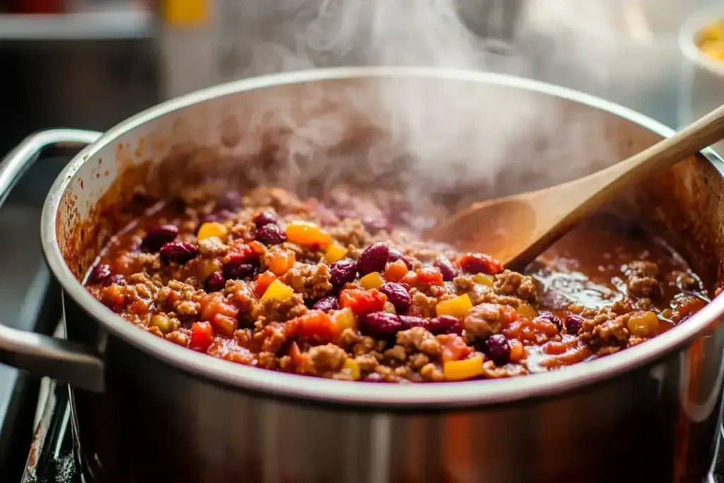A pot of turkey cranberry chili simmering on the stove