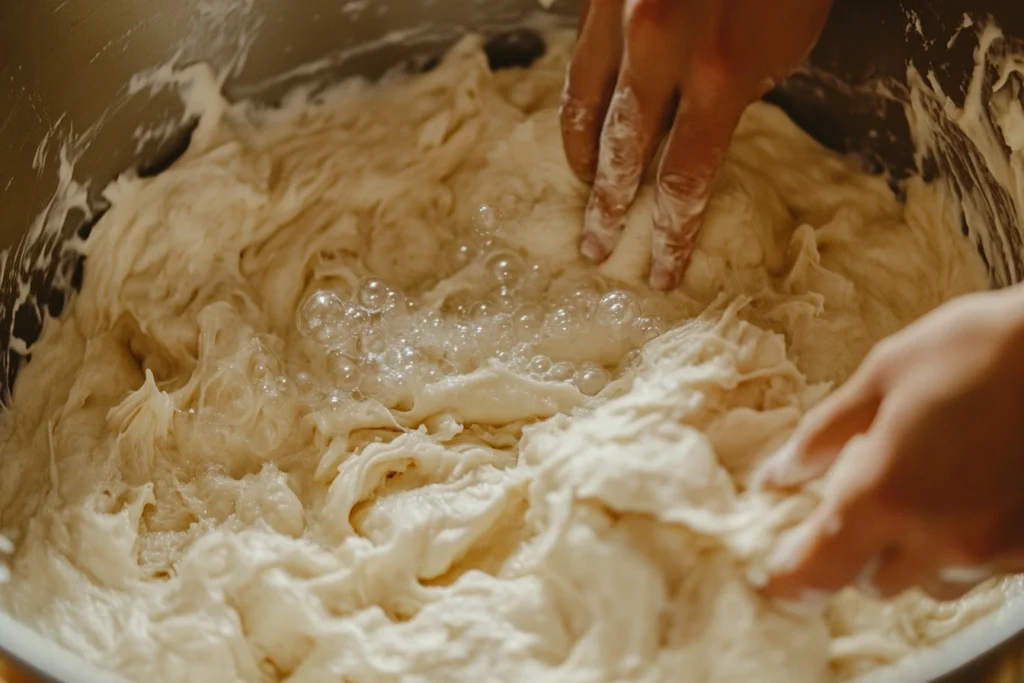 A baker kneading gluten-free sourdough dough in a bowl.