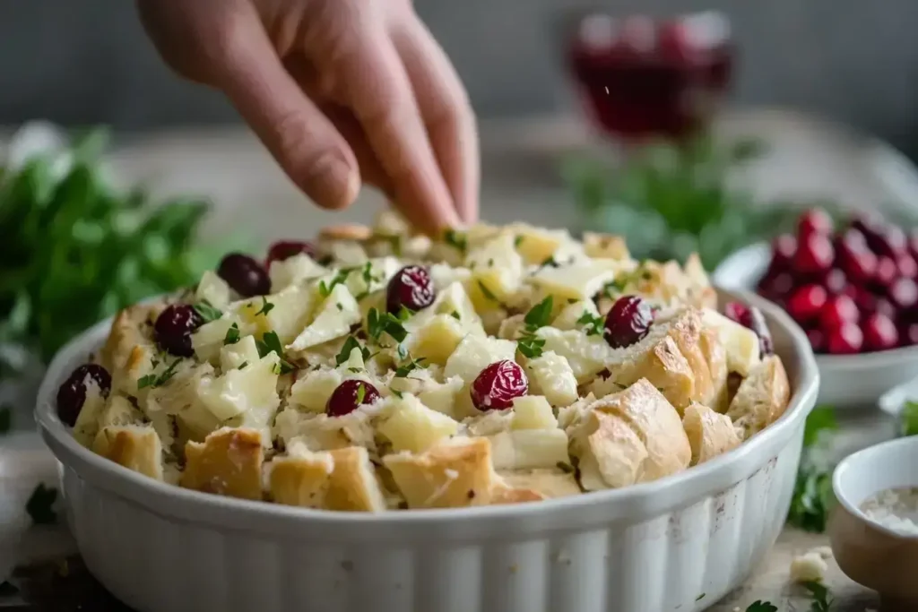 Process of making cranberry brie pull-apart bread from slicing to baking.