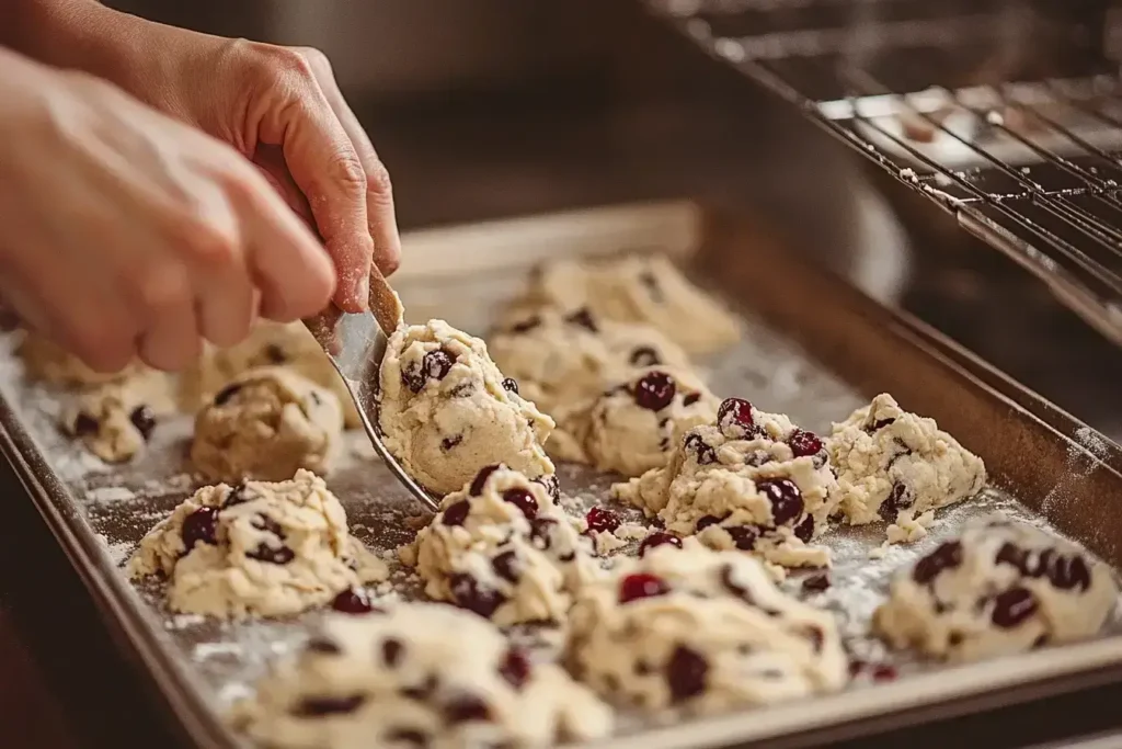 Step-by-step baking process of cherry chocolate chip cookies, from dough mixing to final cooling.