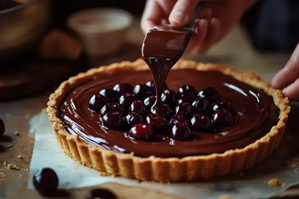 Step-by-step process of making a chocolate ganache tart with cherries.