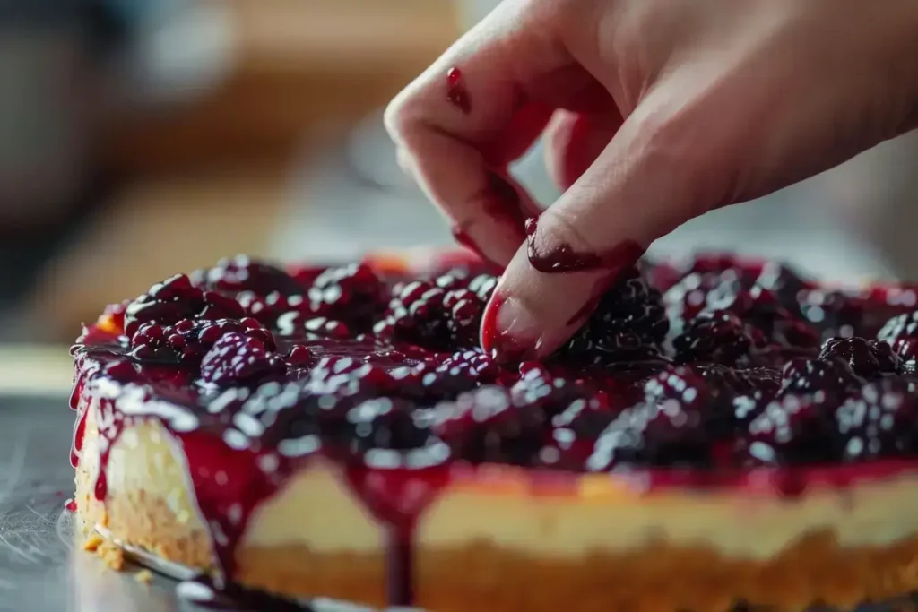 Step-by-step preparation of a homemade blackberry cheesecake.