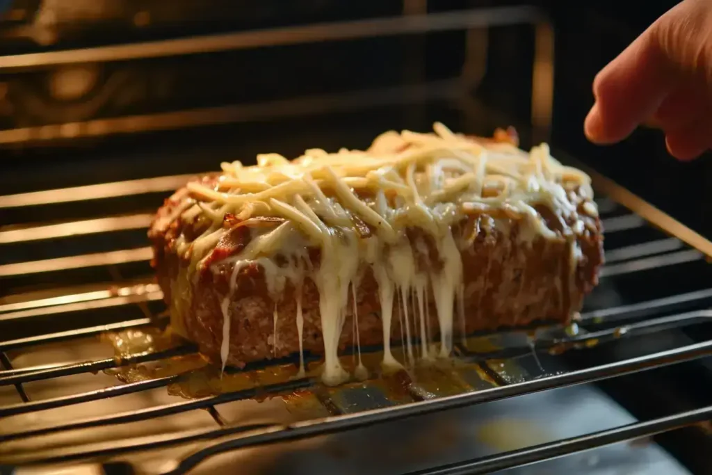 French Onion Meatloaf baking in the oven, topped with melted cheese.