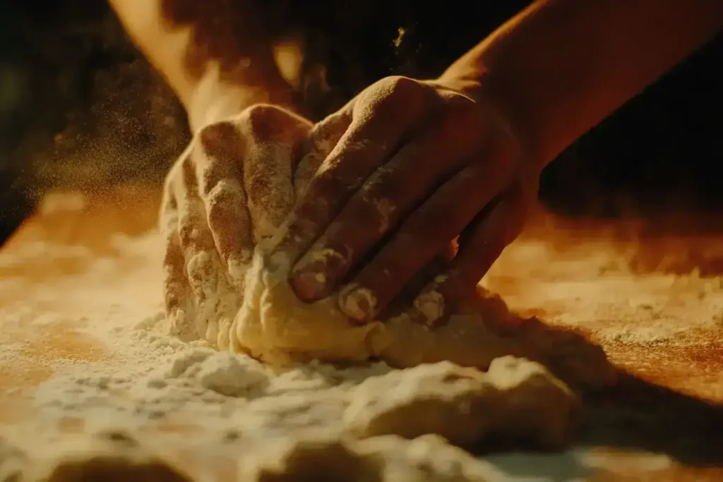 Hands kneading dough for yogurt bread recipe on a floured wooden surface.