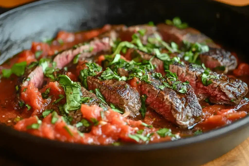 Cooking process of steak pizzaiola recipe in a cast-iron skillet