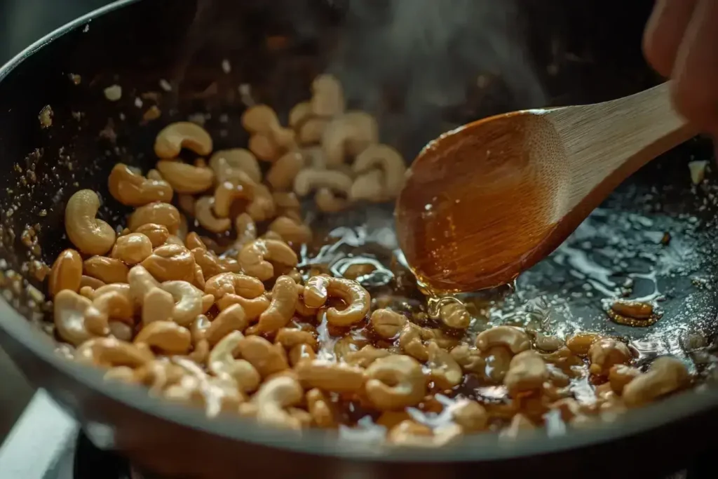 Cashews being mixed with honey in a large bowl before roasting