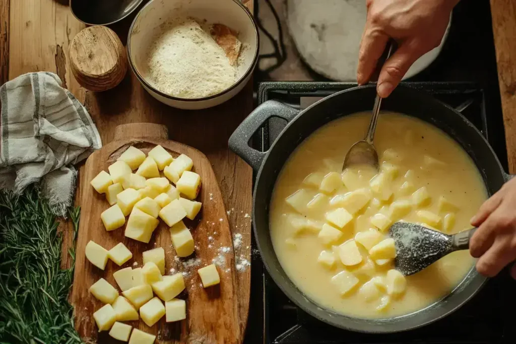 Step-by-step process of making a 4 ingredient potato soup, from chopping to blending.