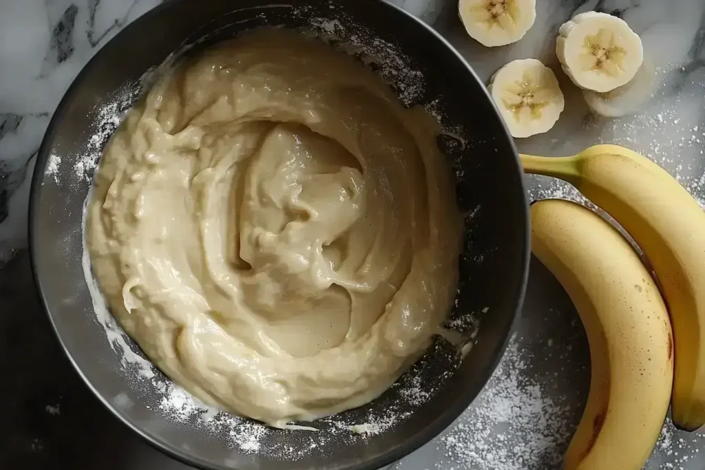 A series of step-by-step images showing mixing batter, pouring it into a waffle iron, and golden banana waffle recipe coming out perfectly cooked.