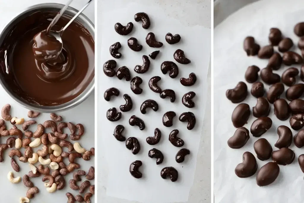 A step-by-step process of coating cashews in melted chocolate and letting them set