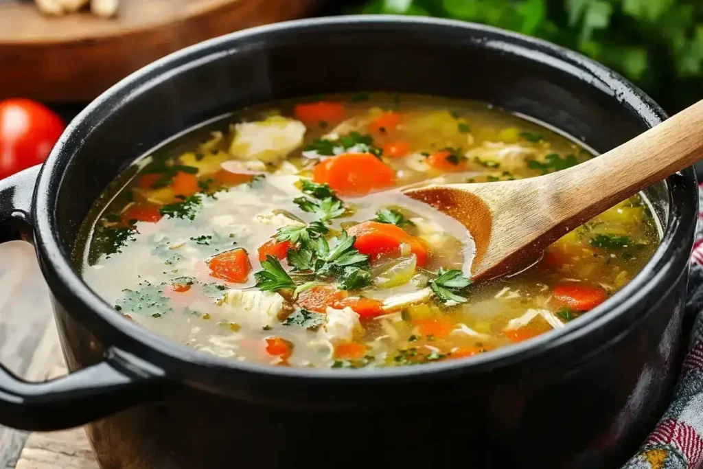 A pot of simmering gluten-free soup with fresh ingredients.