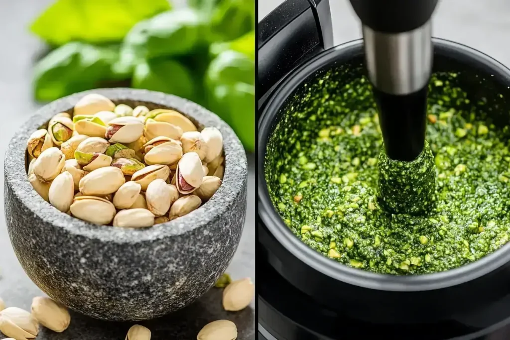 Step-by-step process of making pistachio pesto in a mortar and pestle and a food processor
