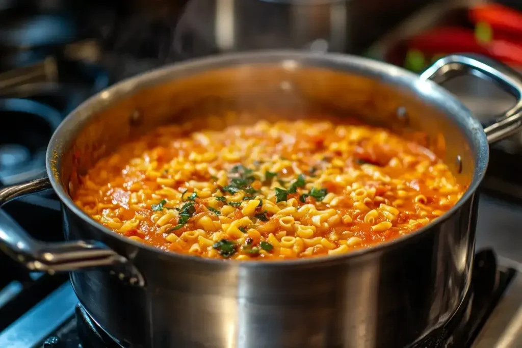 Step-by-step images of cooking ditalini pasta, from boiling to serving.