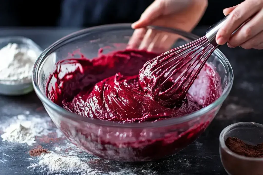 Step-by-step process of preparing and baking red velvet pound cake.
