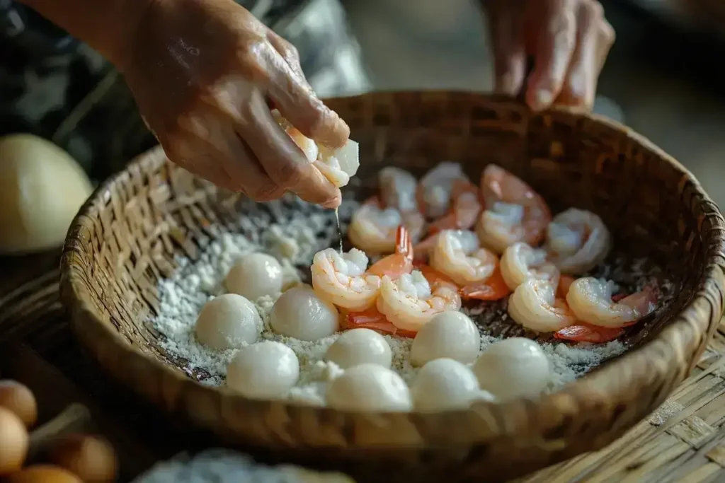 Step-by-step process of battering and frying lychee shrimp.