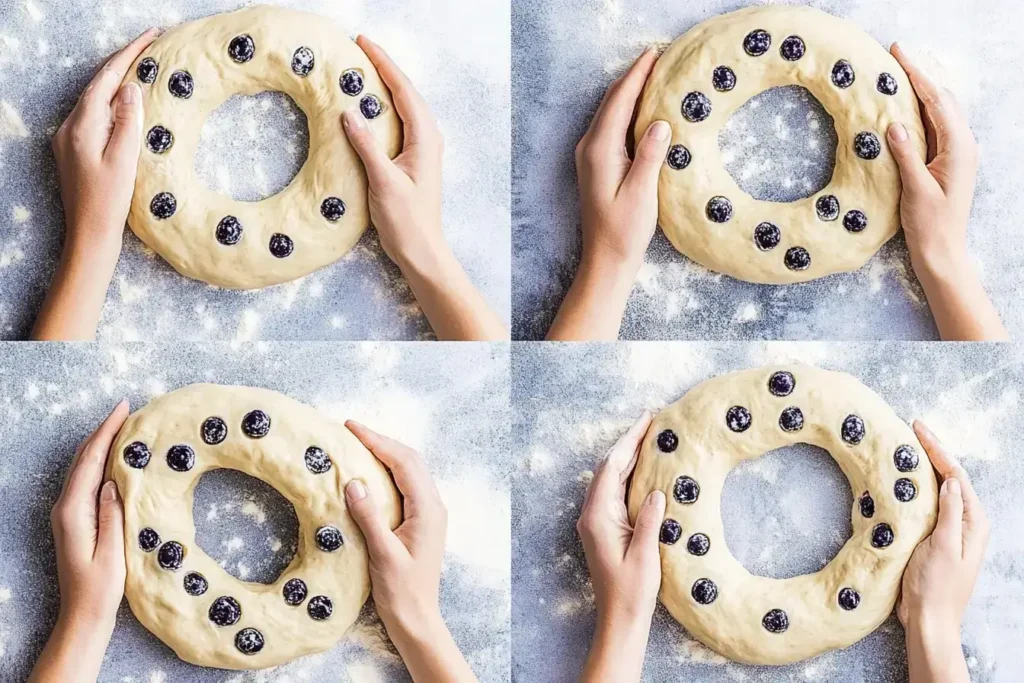 Step-by-step process of making homemade blueberry bagel recipe, from kneading to baking.