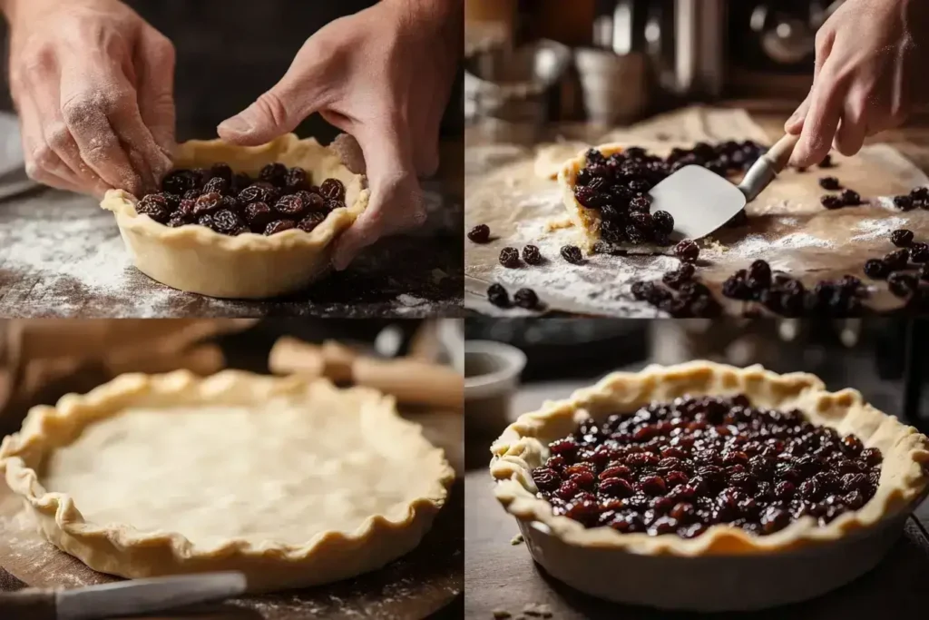 Step-by-step process of making a raisin pie recipe, from preparing the filling to baking.
