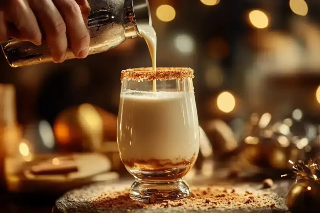 A bartender pouring a creamy cinnamon-infused shot from a cocktail shaker into a cinnamon sugar-rimmed glass, with a warm, moody background.