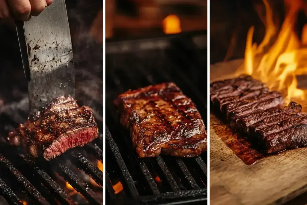 Step-by-step cooking process of flap steak recipes on a grill