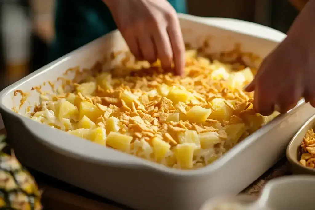 Hands preparing pineapple casserole recipe, layering pineapple, cheese, and crackers in a baking dish.