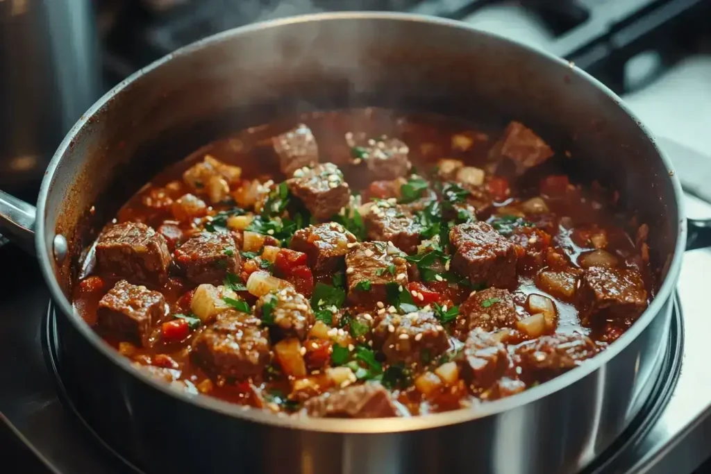Step-by-step cooking process for steak chili