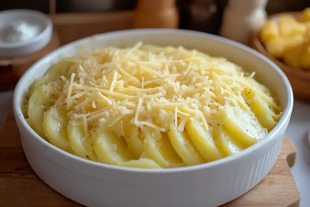 Step-by-step process of making a creamy, cheesy Easter potato dish.