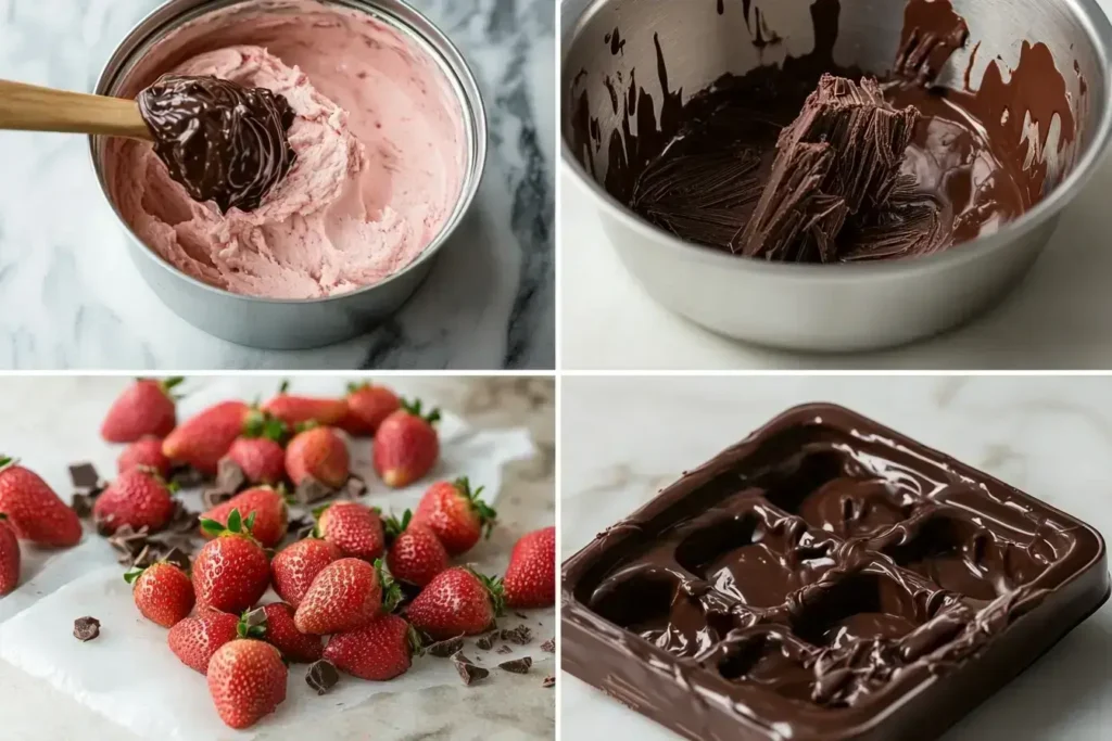 A step-by-step visual of making a homemade version of Klondike Strawberry Cheesecake, from mixing ingredients to freezing.