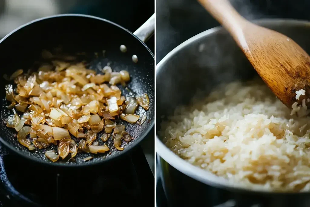 Cooking steps for French Onion Soup Rice, caramelizing onions