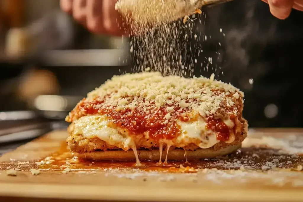 Step-by-step process of making a homemade chicken parm sandwich, from frying to assembling.