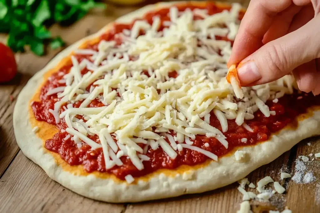 Spreading tomato sauce and cheese on naan with cheese and toppings