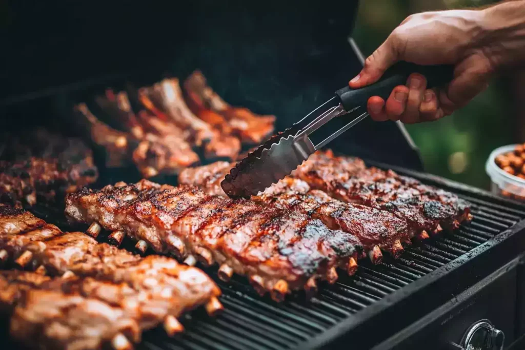 A hand using tongs to flip sizzling BBQ ribs on a pellet grill, with additional ribs grilling in the background.