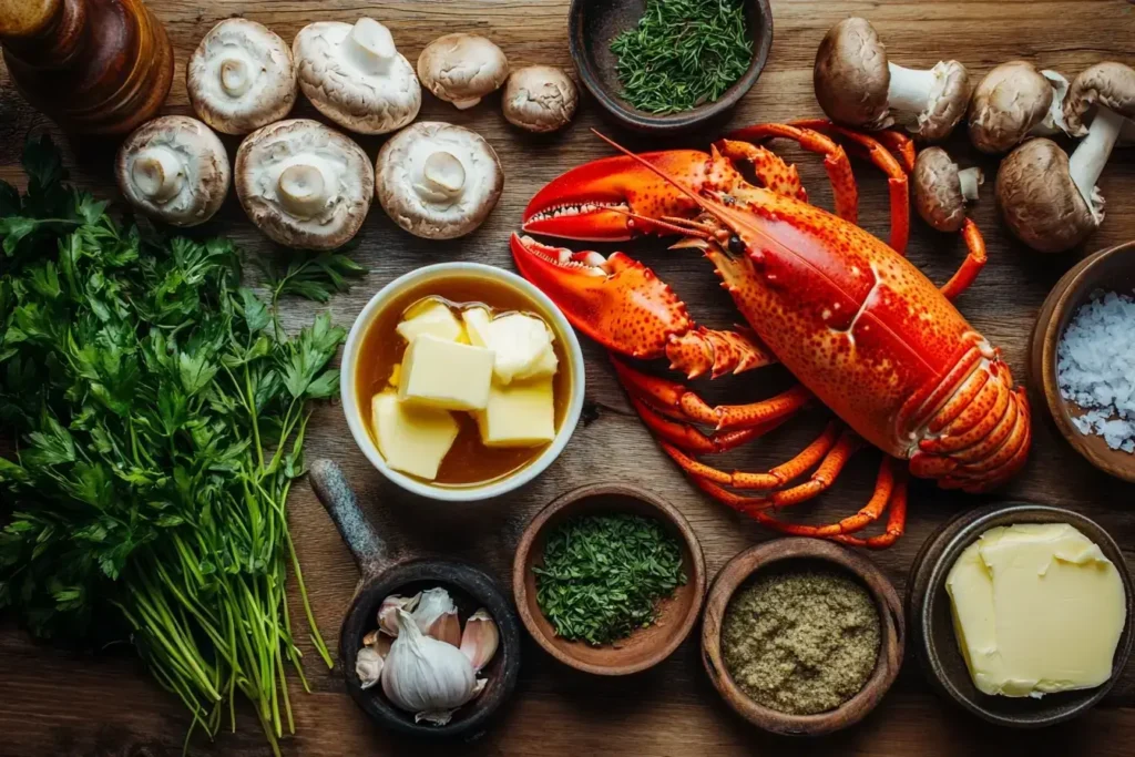 Fresh lobster mushrooms and ingredients for a delicious recipe.