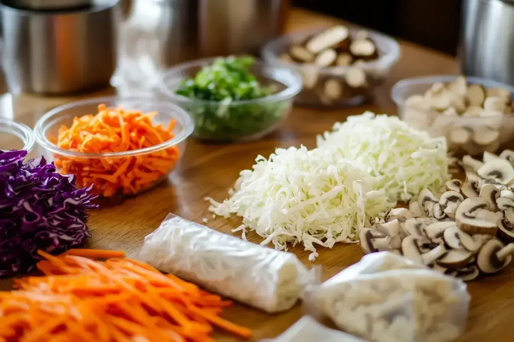 Fresh ingredients for making homemade Japanese spring rolls.