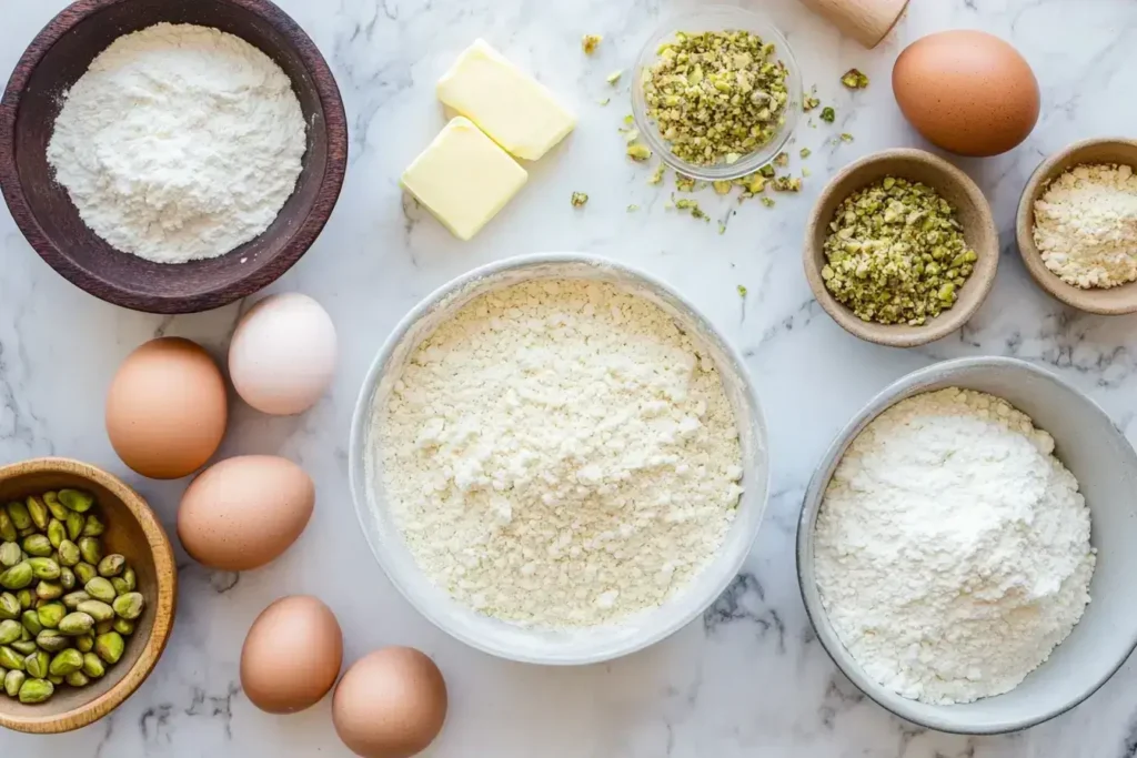 A top-down view of ingredients needed to make pistachio muffins.