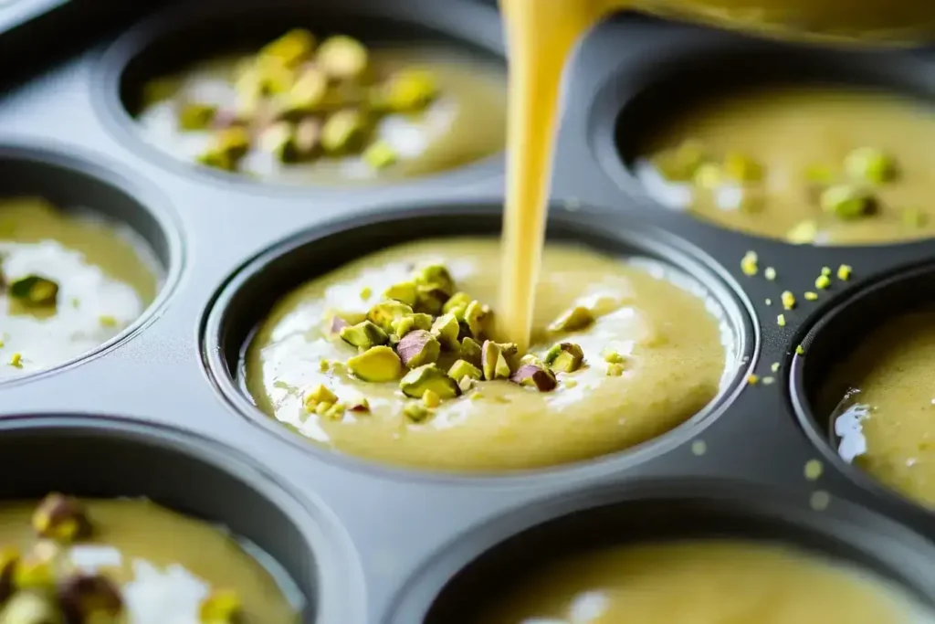 Pistachio muffin batter being poured into a muffin tin, ready for baking.